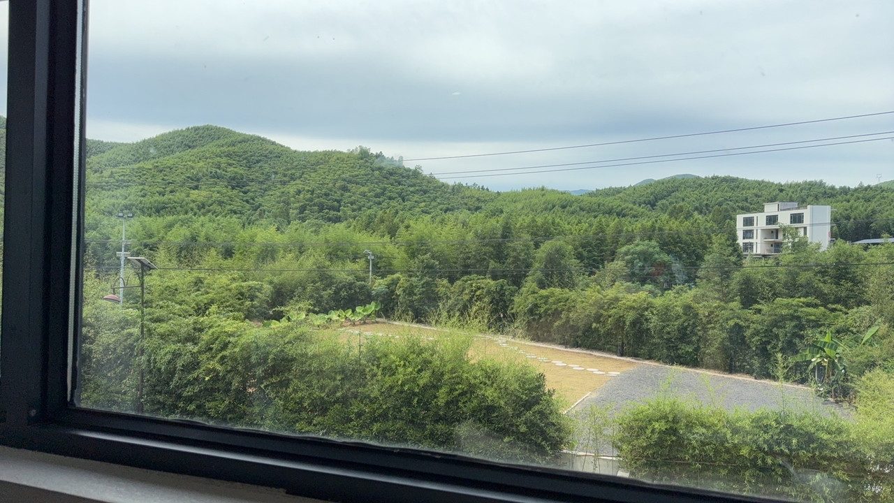 古奈庭院全景，石径竹篱，晨雾未散